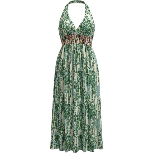 Suzi Chin Maggy Boutique Dresses & Skirts - Suzi Chin Maggy Boutique Green Abstract Leaf Halter Maxi Dress Size 8 Y2K
